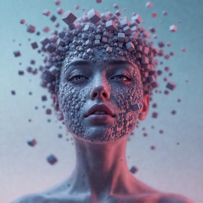 The primary subject of the image is a woman with a unique and intricate design on her face. The setting is a dark background, which contrasts with the woman's face, making her features stand out. The visual style is a combination of digital art and illustration, creating a surreal and artistic atmosphere. The colors in the image are predominantly dark, with the woman's face being the main focus, and the overall mood is mysterious and captivating.